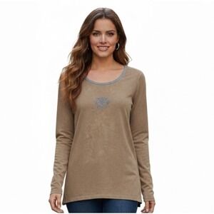 One World Women Tan L Top Long Sleeve Floral Embellished Mineral Wash Boho Tribe